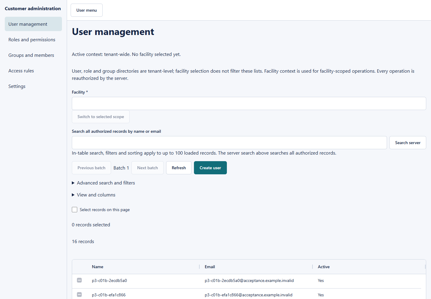 User search and records in the SaaS Document customer application